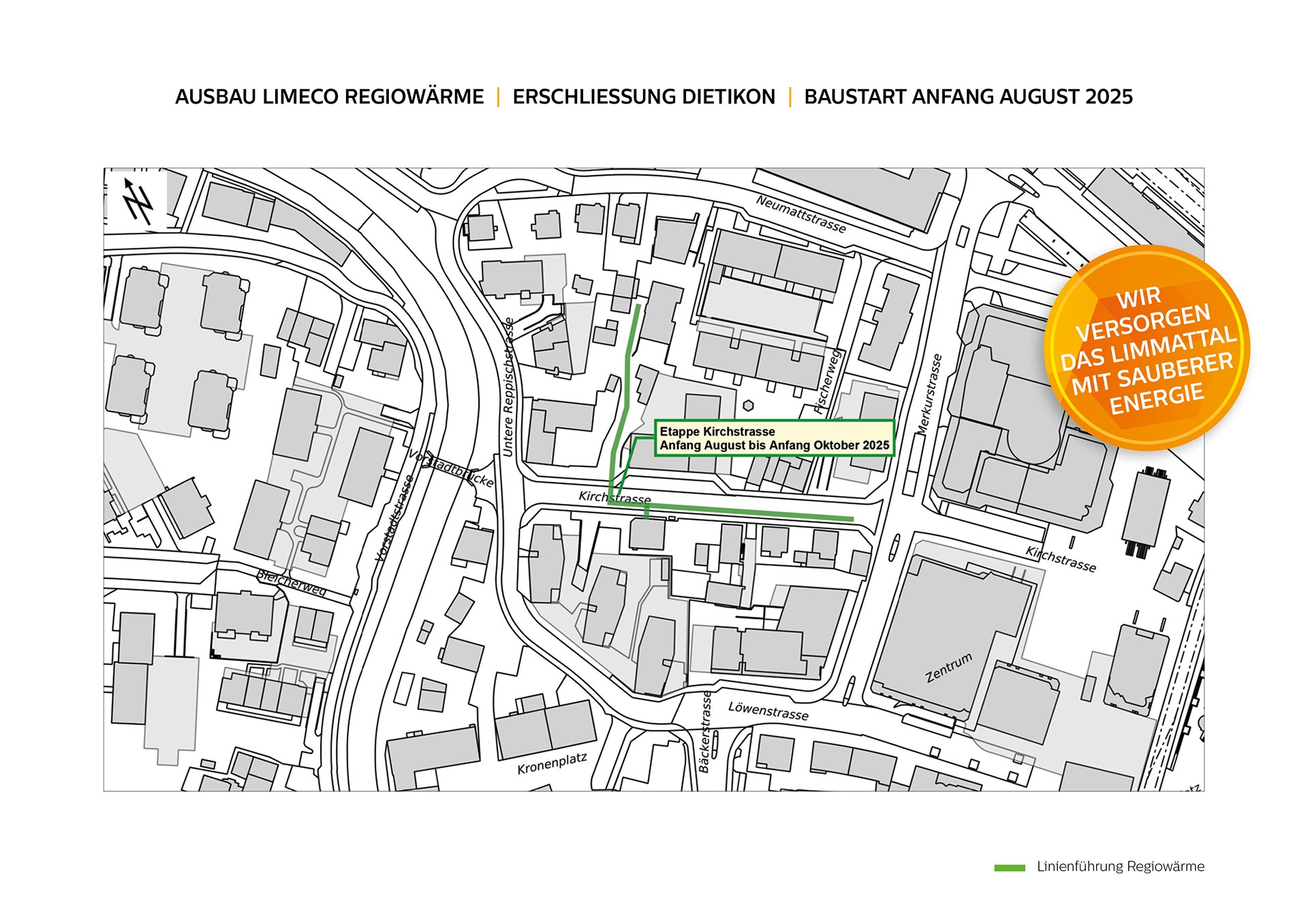 Ein Bauplan der Erschliessung Dietikons mit Fernwärme, der die Linienführung in der Kirchstrasse zeigt. Der Ausbau in der Kirchstrasse startet Anfang August 2025.