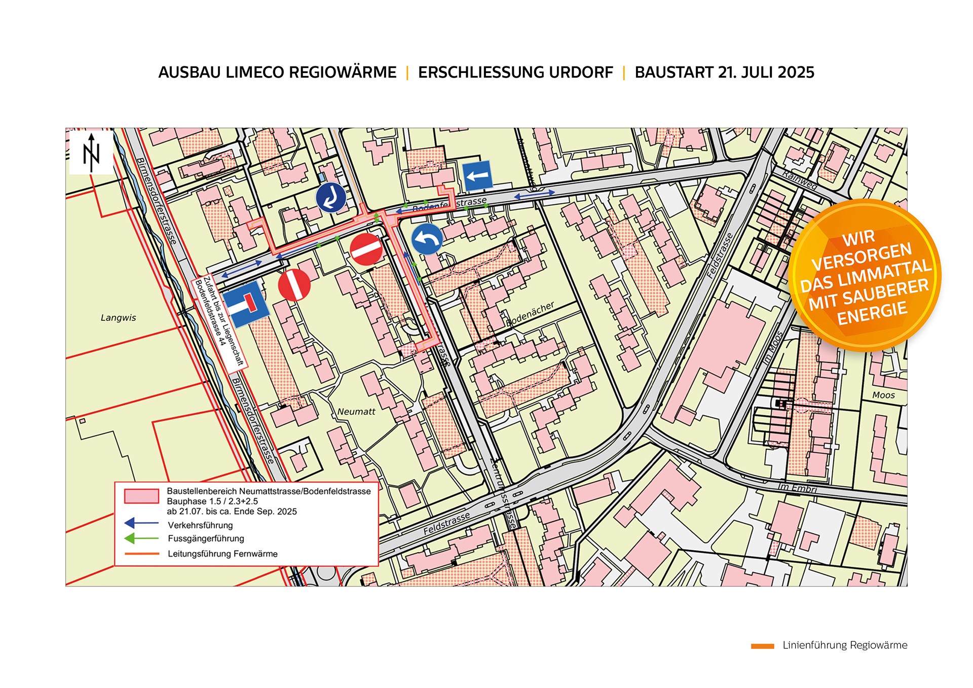 Ein Bauplan der Erschliessung Urdorfs mit Fernwärme, der den Baustellenbereich in der Neumatt-/Bodenfeldstrasse und die Verkehrs-/Fussgänger- und Linienführung zeigt. Der Ausbau startet am 21. Juli 2025.