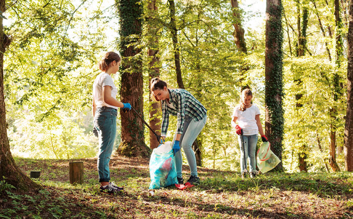 Junge Menschen sammeln Abfall im Wald