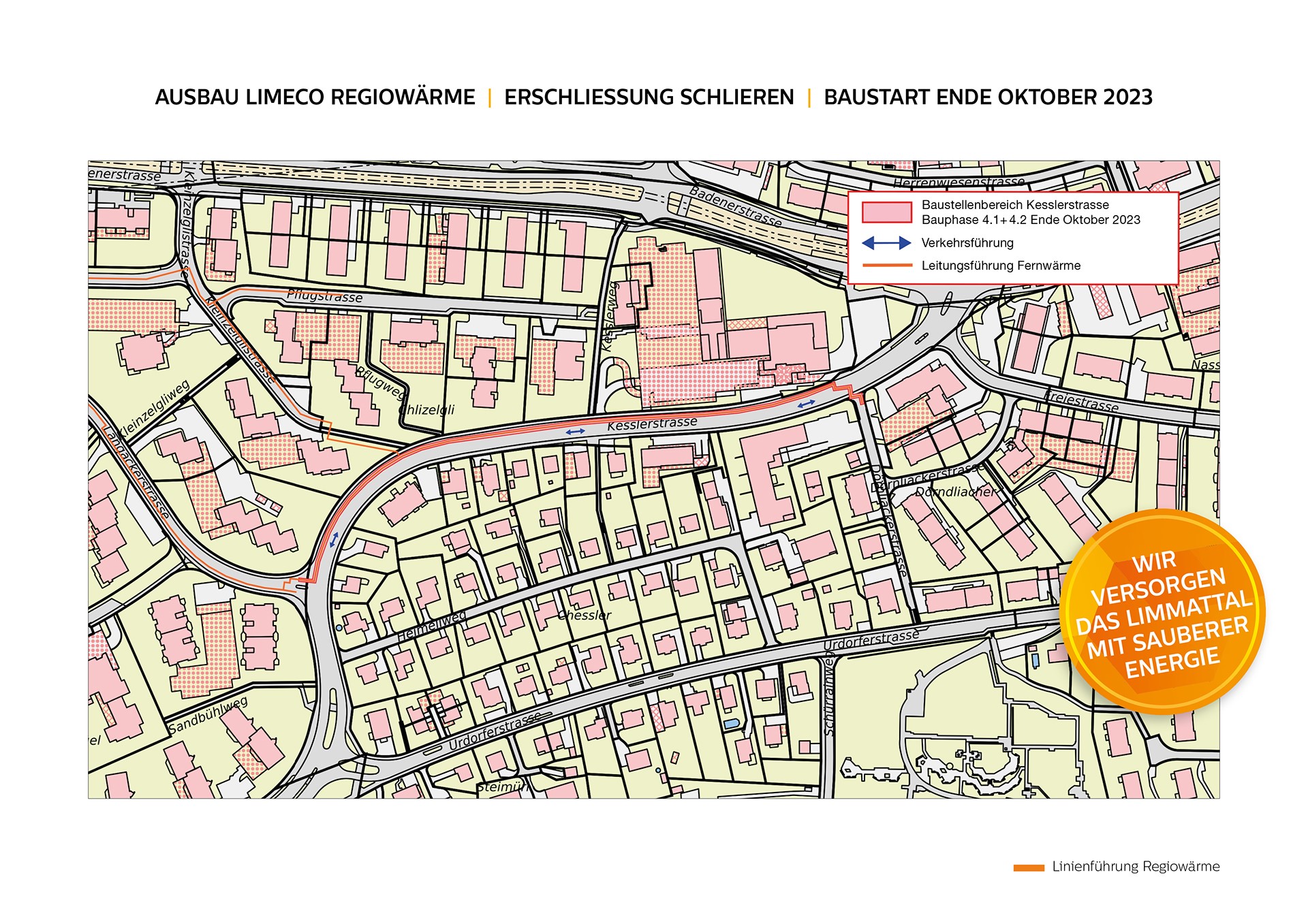 Das Bild zeigt den Stadtplan der Umgebung Kesslerstrasse und die Einzeichnung der Baustelle