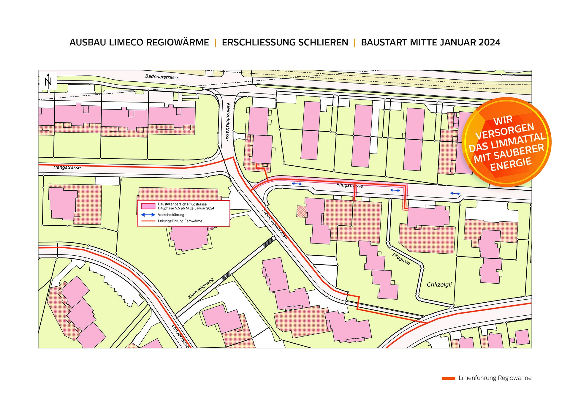 Das Bild zeigt den Bauplan der Verlegung der Regiowärmeleitungen in der Pflugstrasse in Schlieren