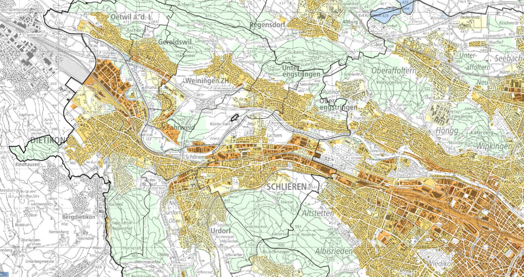 Ausschnitt aus der GIS-Karte «Hitze im Siedlungsraum» mit den Limmattaler Gemeinden