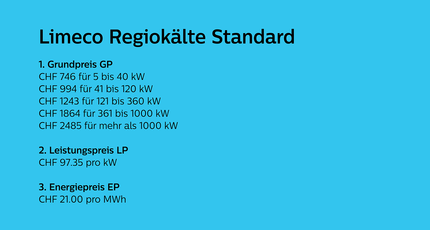 Preise Limeco Regiowärme 2023: Grundpreis, Leistungspreis und Energiepreis für das Produkt Regiokälte Standard